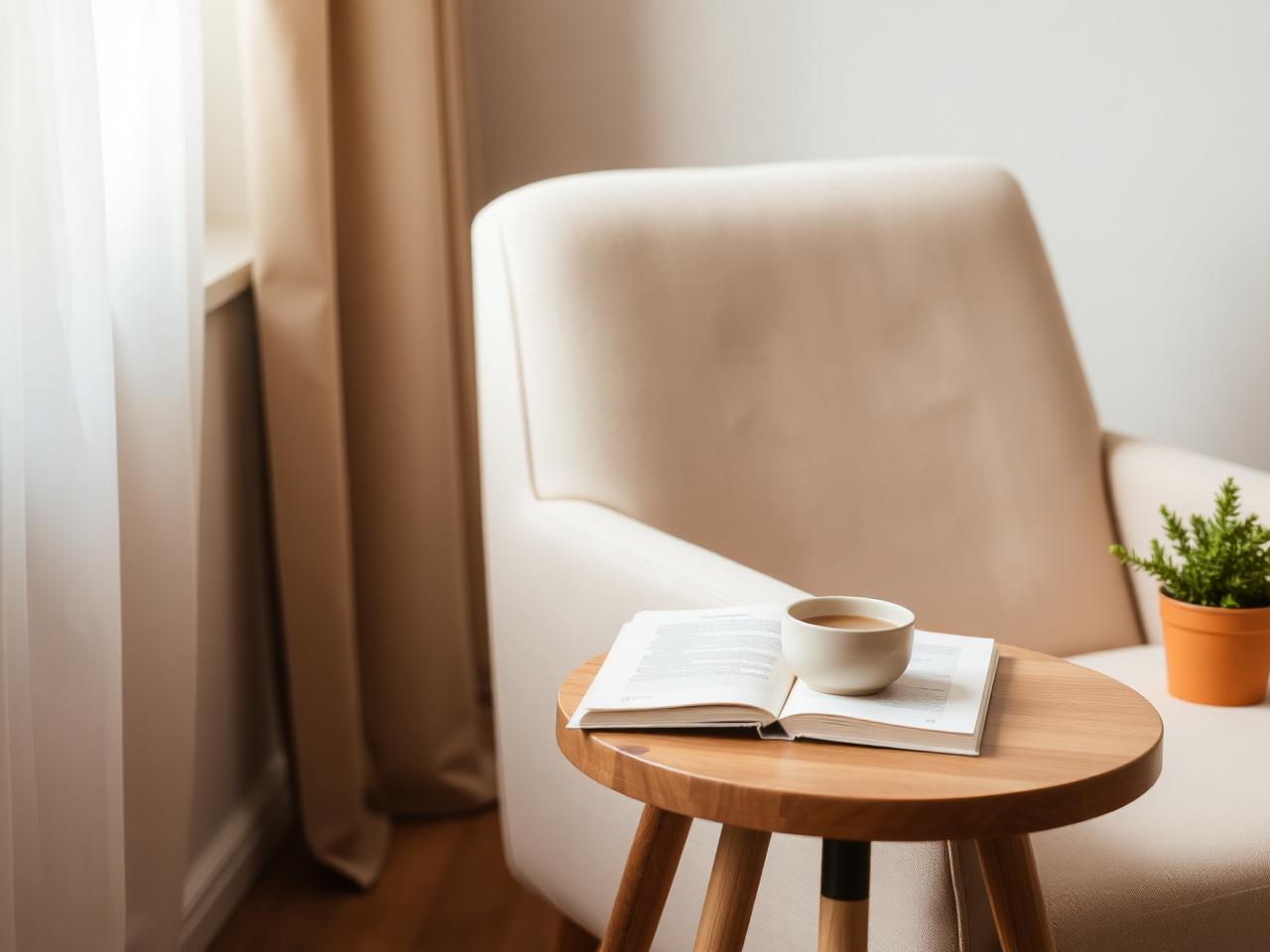 Ambiente acolhedor de escuta: poltrona, xícara e caderno junto à janela