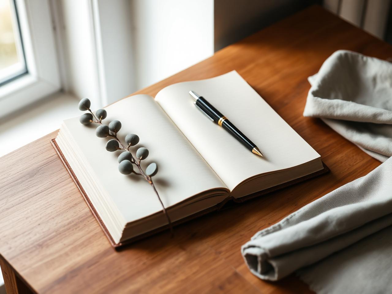 Caderno aberto com caneta sobre mesa de madeira ao lado da janela